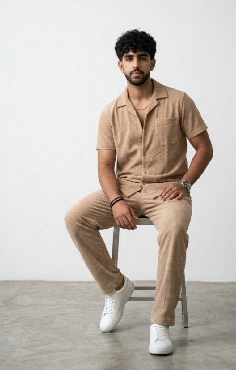 Men's Tan Textured Button-Down Shirt and Trouser Co-Ord Set - Image 4