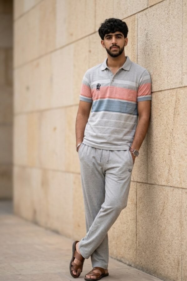 Men's Grey Multi-Stripe Polo and Casual Lounge Jogger Set