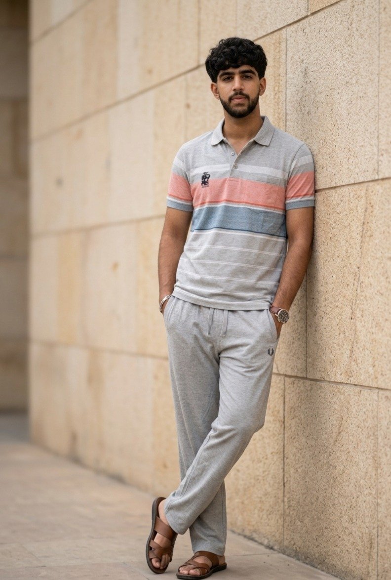 Men's Grey Multi-Stripe Polo and Casual Lounge Jogger Set