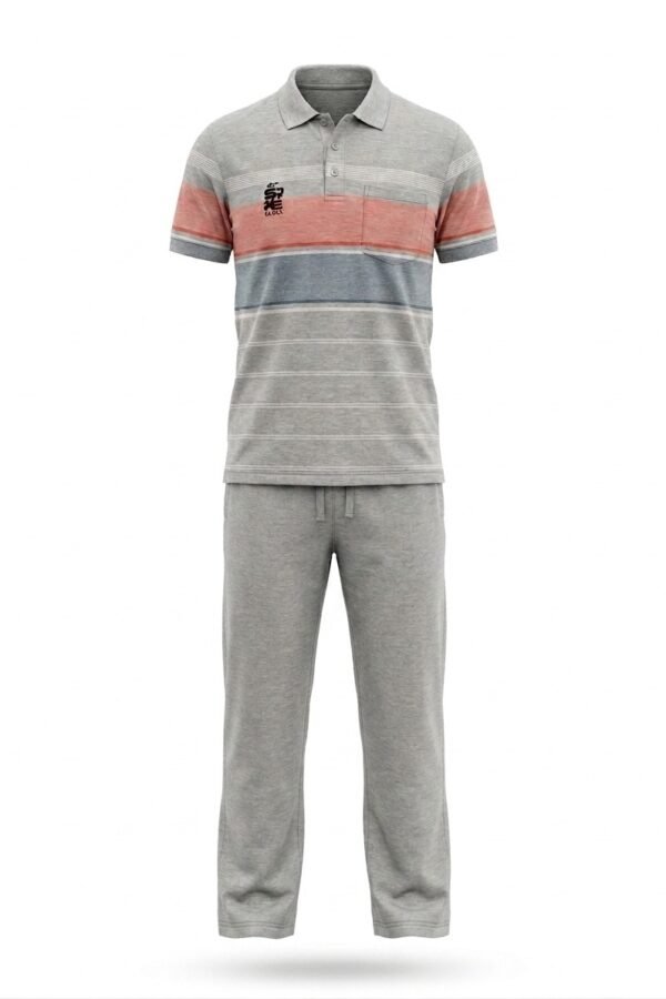 Men's Grey Multi-Stripe Polo and Casual Lounge Jogger Set