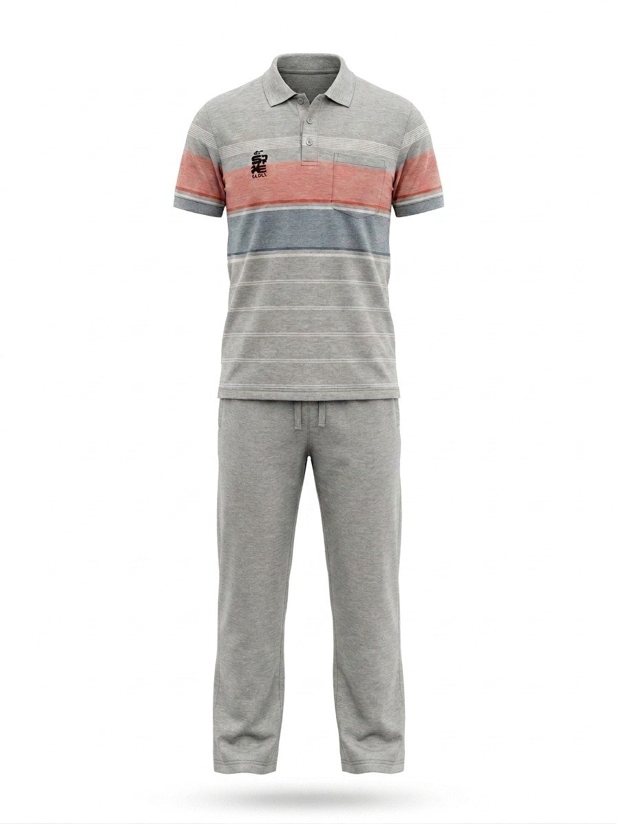 Men's Grey Multi-Stripe Polo and Casual Lounge Jogger Set - Image 2