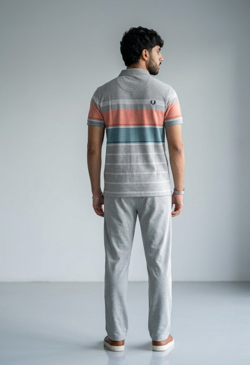 Men's Grey Multi-Stripe Polo and Casual Lounge Jogger Set - Image 3