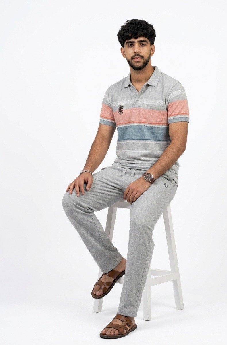 Men's Grey Multi-Stripe Polo and Casual Lounge Jogger Set - Image 4