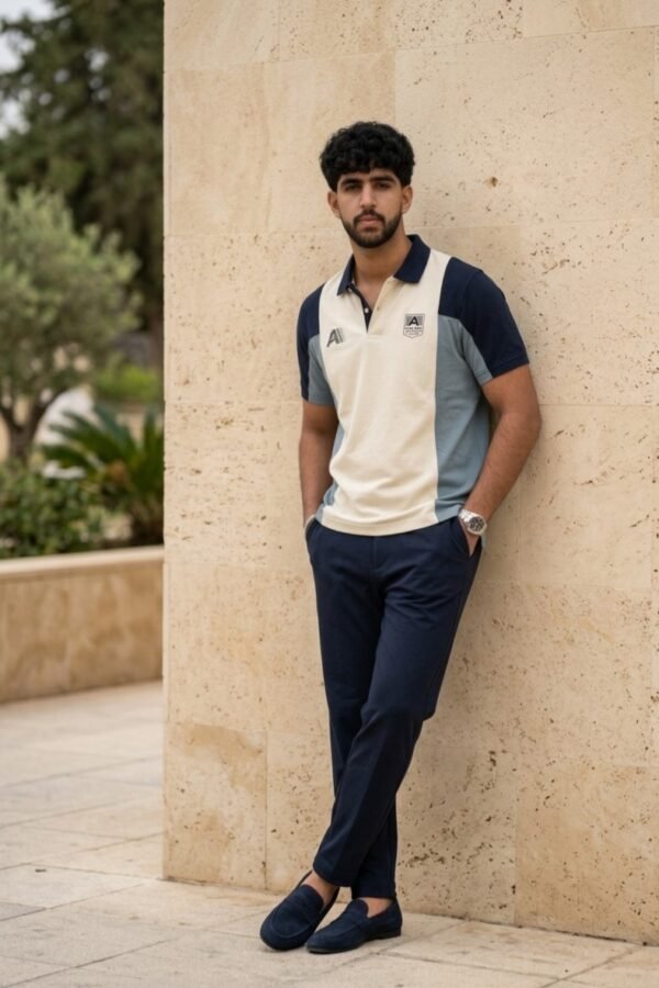 Men's Color-Block Polo Shirt with Navy Trouser Ensemble