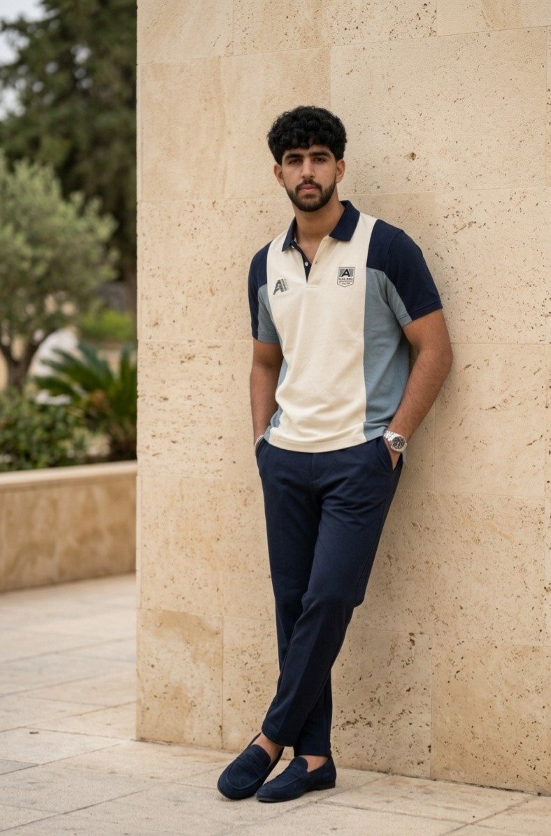 Men's Color-Block Polo Shirt with Navy Trouser Ensemble