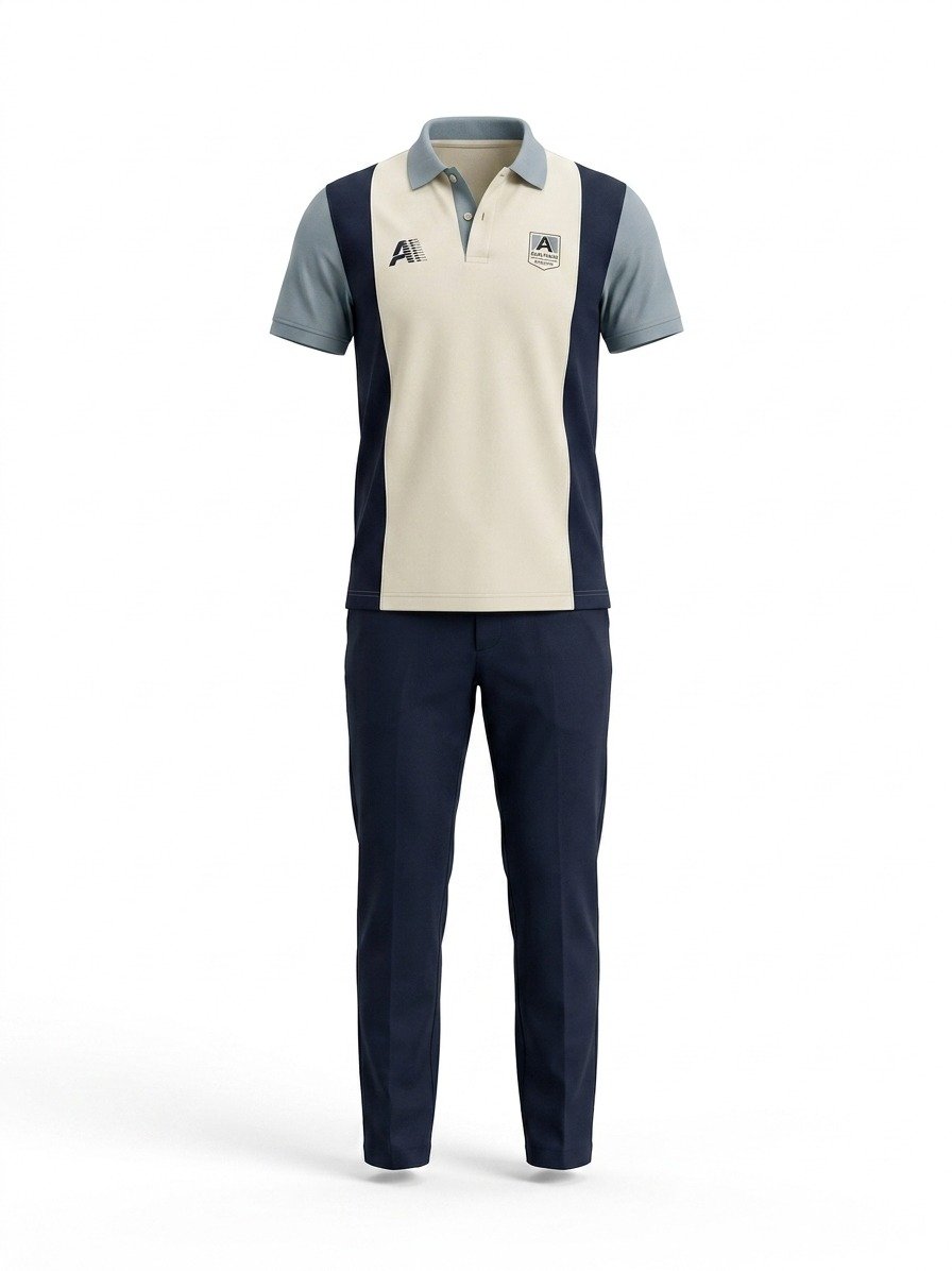 Men's Color-Block Polo Shirt with Navy Trouser Ensemble - Image 2