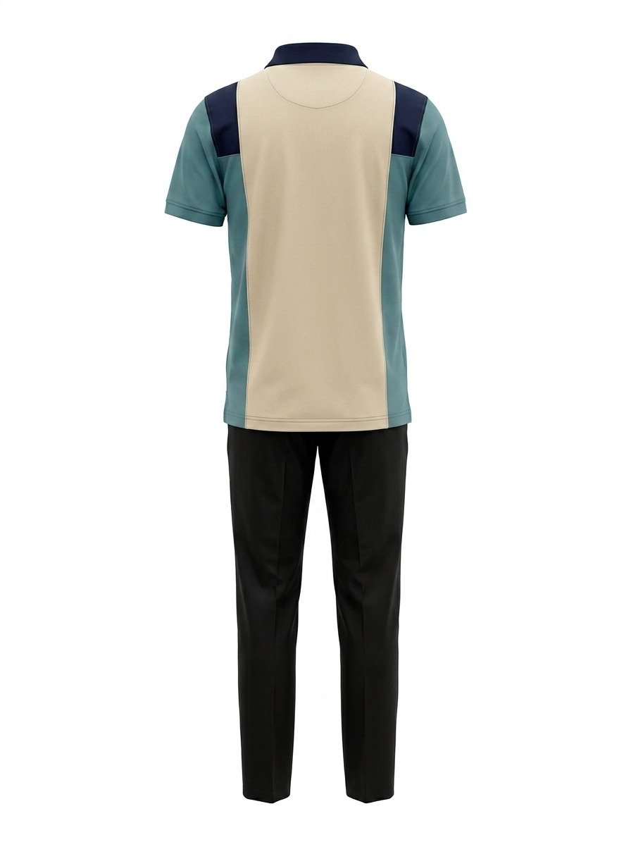 Men's Color-Block Polo Shirt with Navy Trouser Ensemble - Image 3