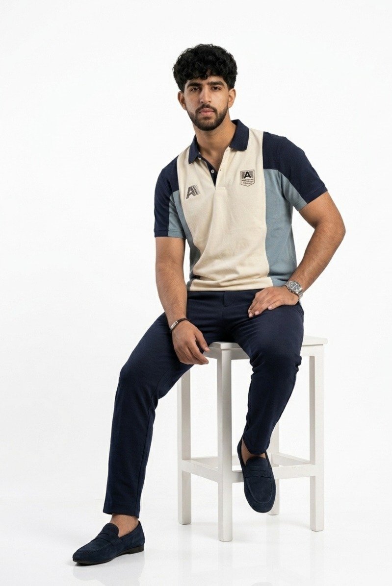 Men's Color-Block Polo Shirt with Navy Trouser Ensemble - Image 4