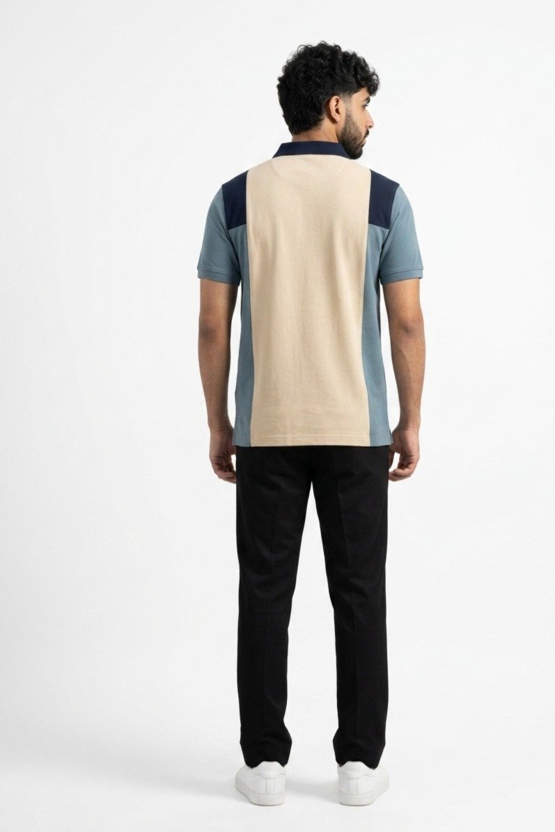 Men's Color-Block Polo Shirt with Navy Trouser Ensemble - Image 5