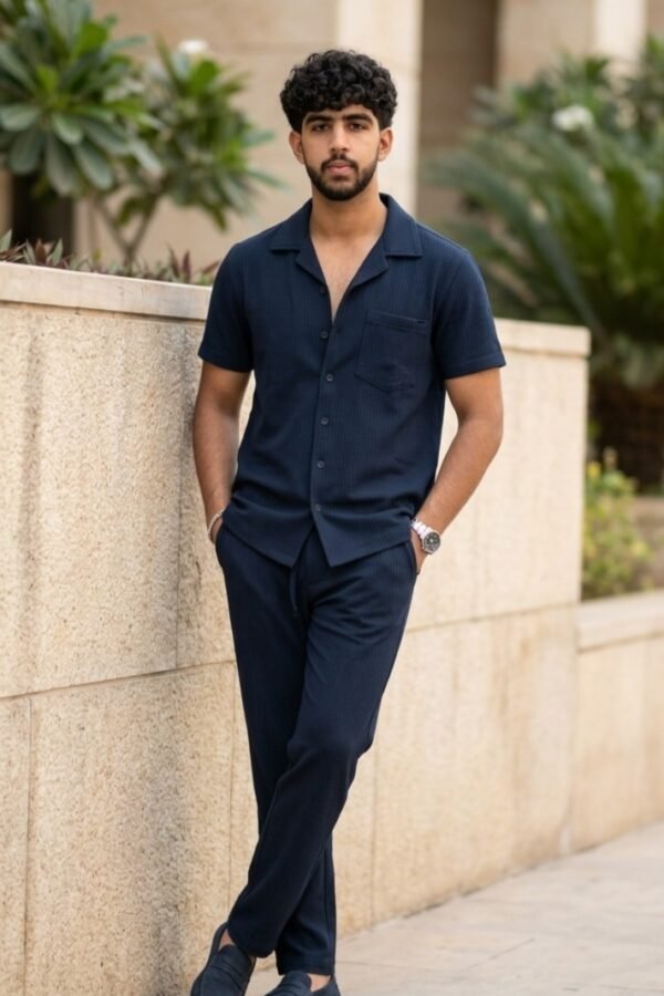 Men's Navy Textured Button-Down Shirt and Trouser Co-Ord Set