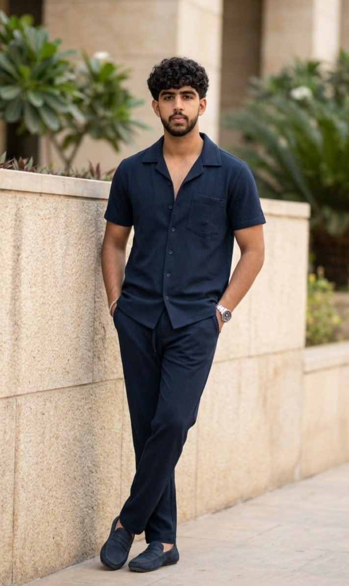 Men's Navy Textured Button-Down Shirt and Trouser Co-Ord Set