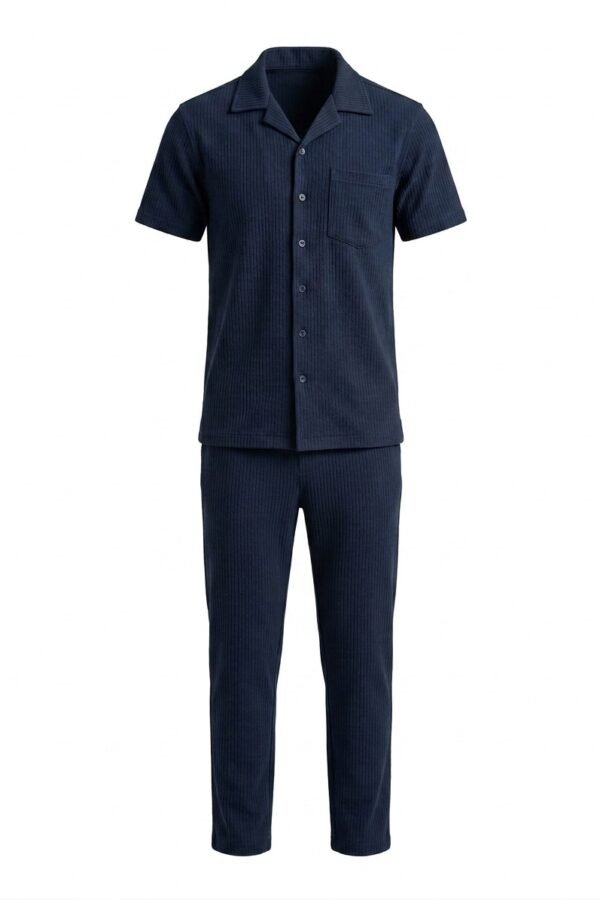 Men's Navy Textured Button-Down Shirt and Trouser Co-Ord Set