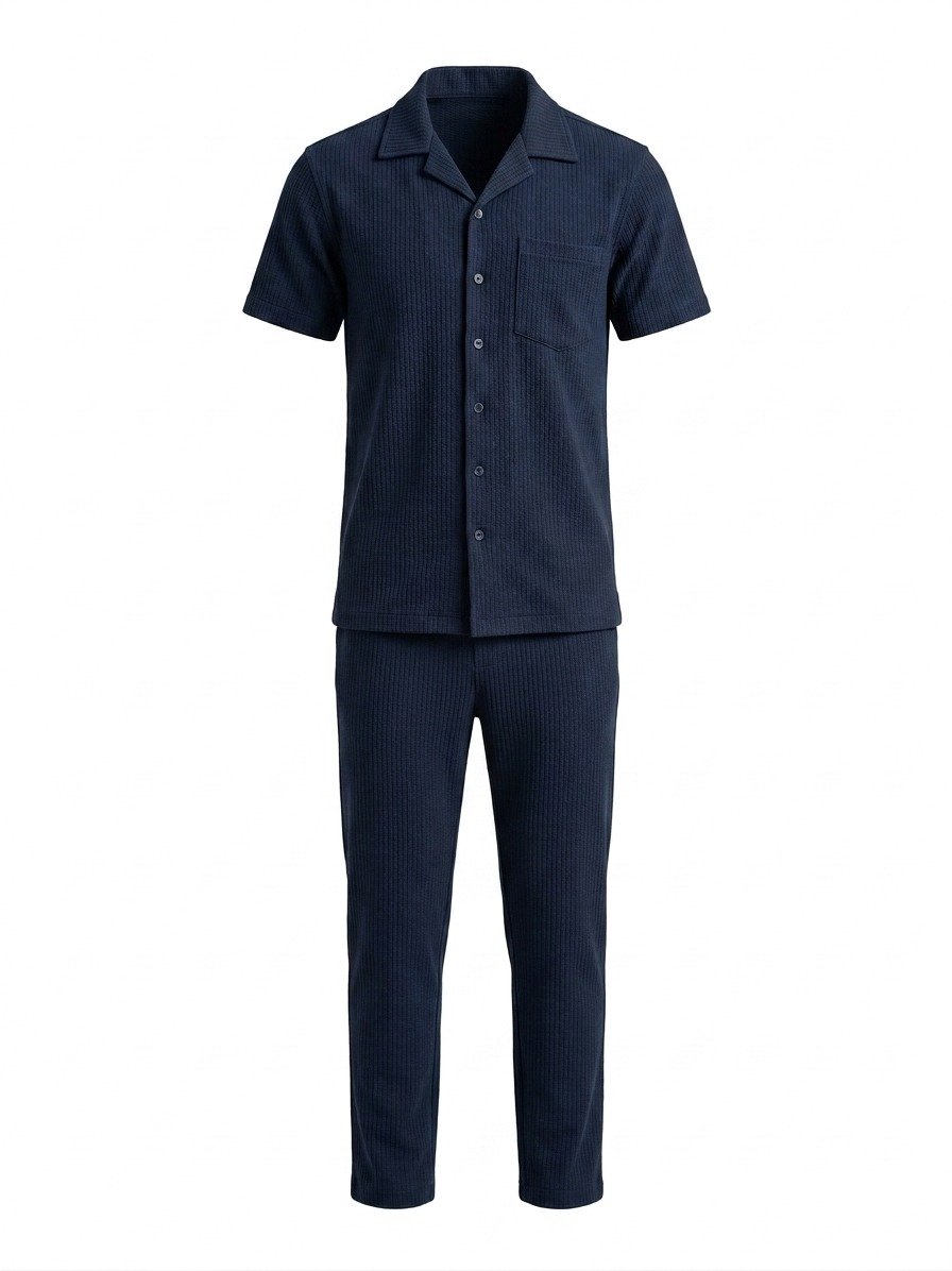 Men's Navy Textured Button-Down Shirt and Trouser Co-Ord Set - Image 2