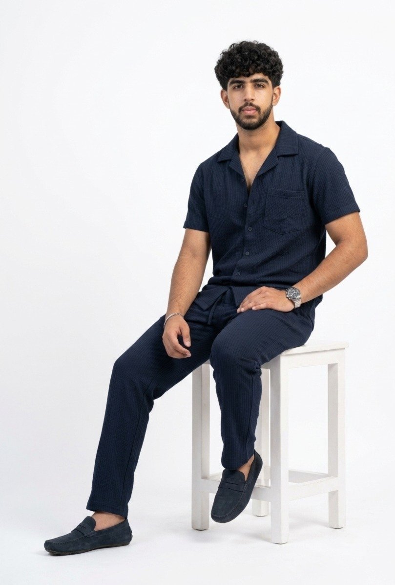 Men's Navy Textured Button-Down Shirt and Trouser Co-Ord Set - Image 4