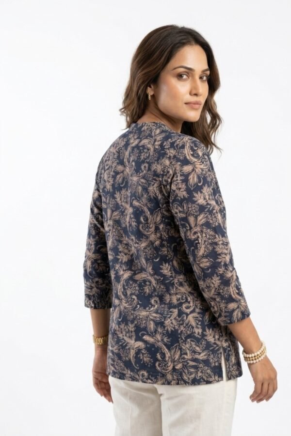 Women's Navy Blue Floral Printed Cotton Tunic Top