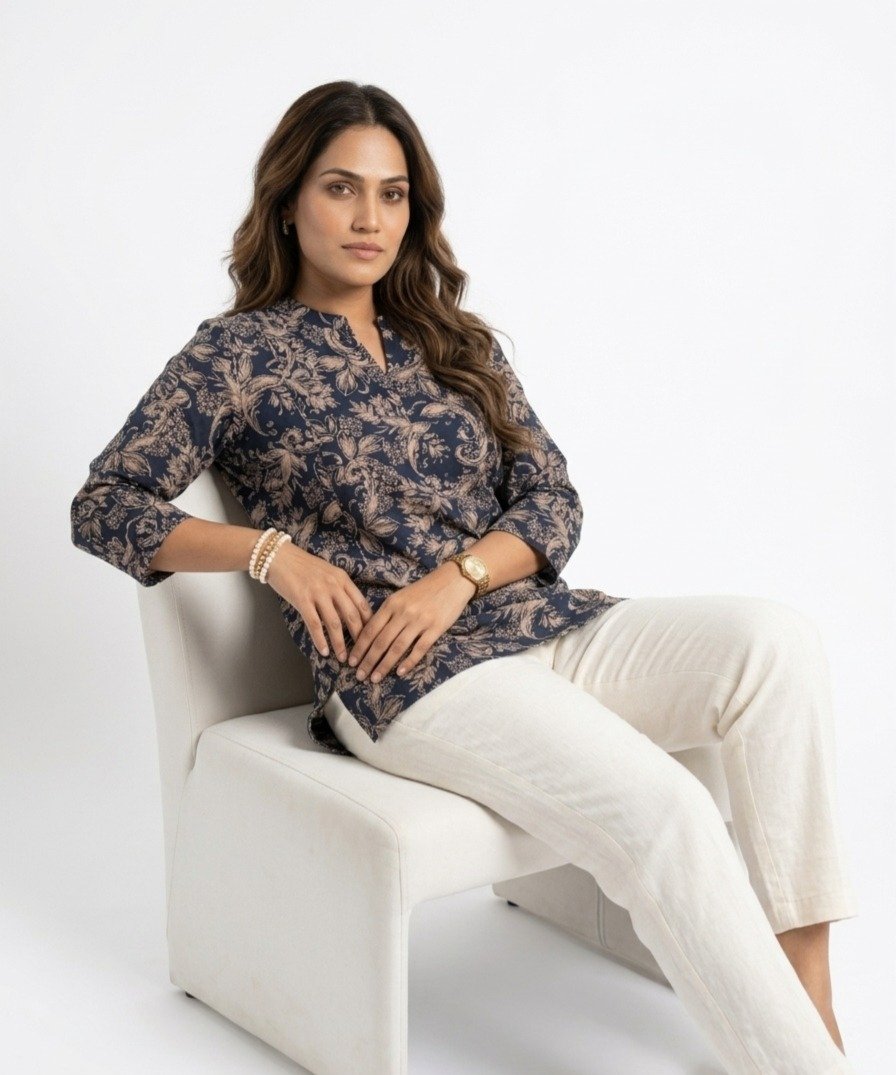 Women's Navy Blue Floral Printed Cotton Tunic Top - Image 5