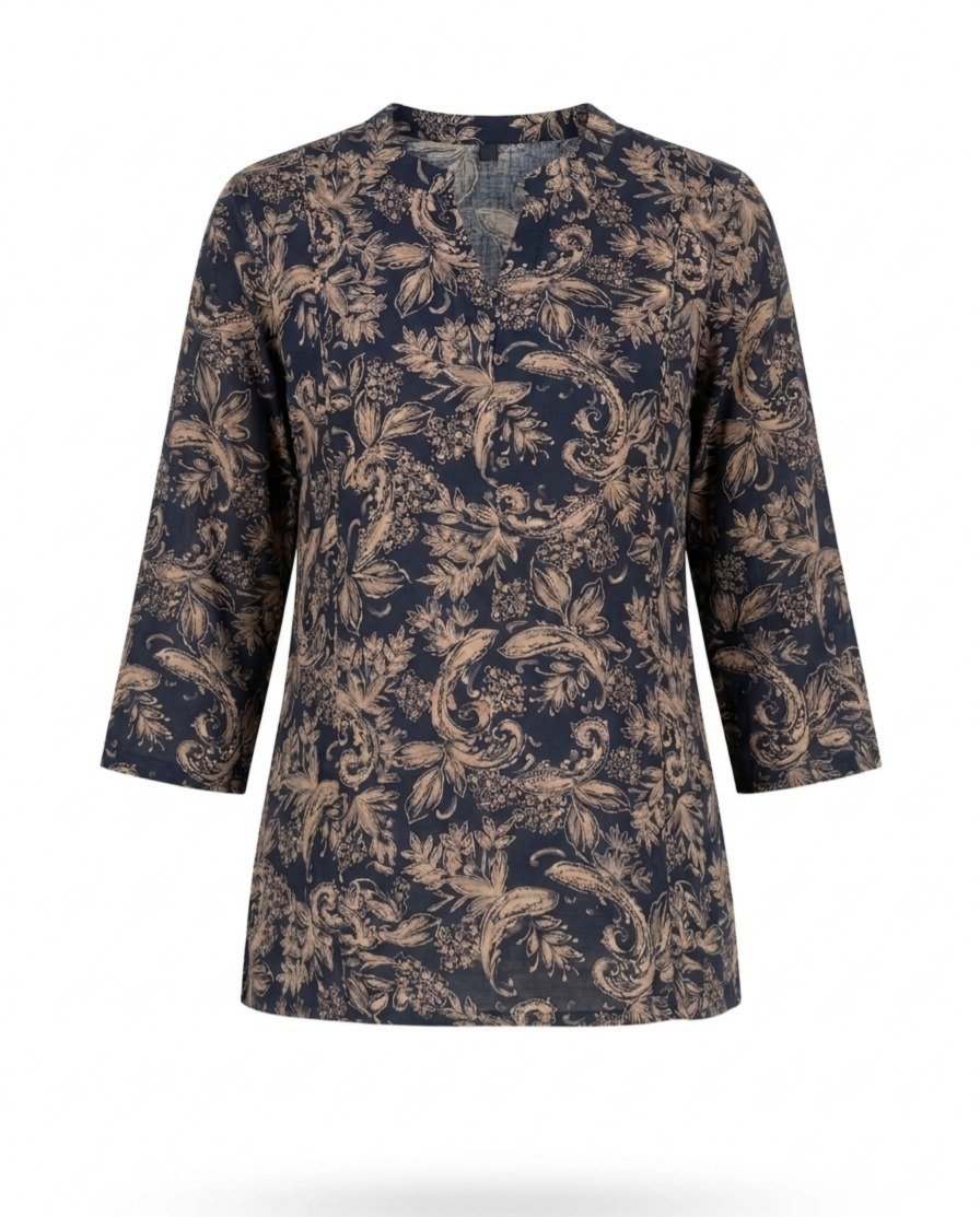 Women's Navy Blue Floral Printed Cotton Tunic Top - Image 2
