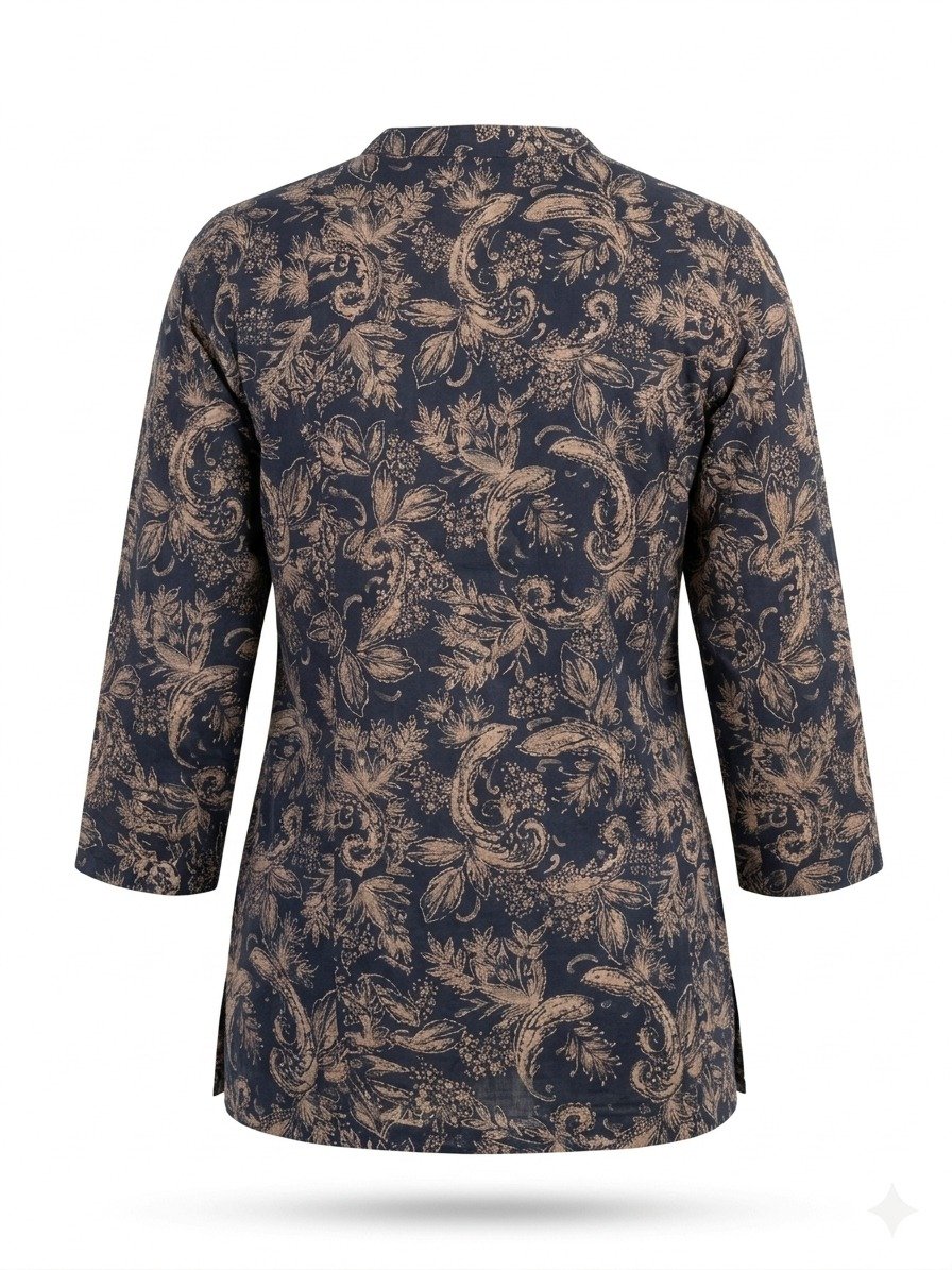 Women's Navy Blue Floral Printed Cotton Tunic Top - Image 3