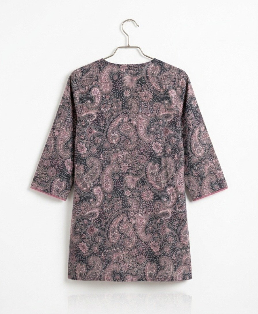 Women's Navy and Pink Paisley Printed Cotton Tunic Top - Image 3