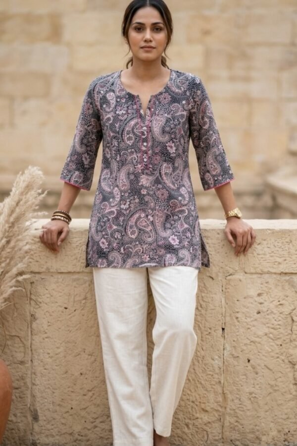Women's Navy and Pink Paisley Printed Cotton Tunic Top