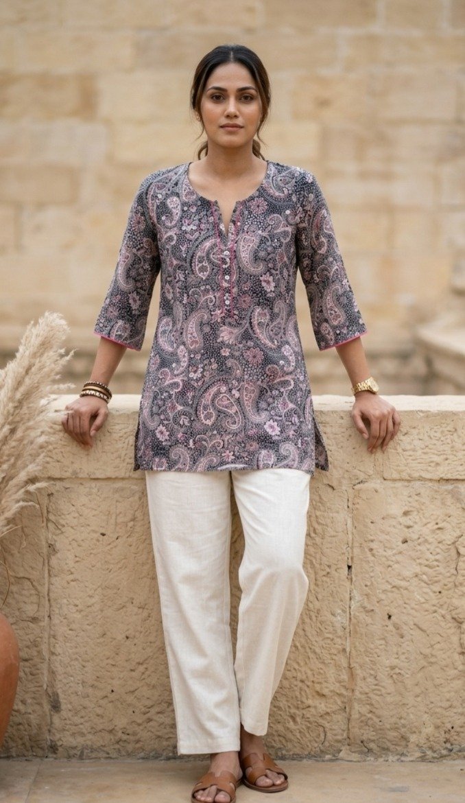 Women's Navy and Pink Paisley Printed Cotton Tunic Top
