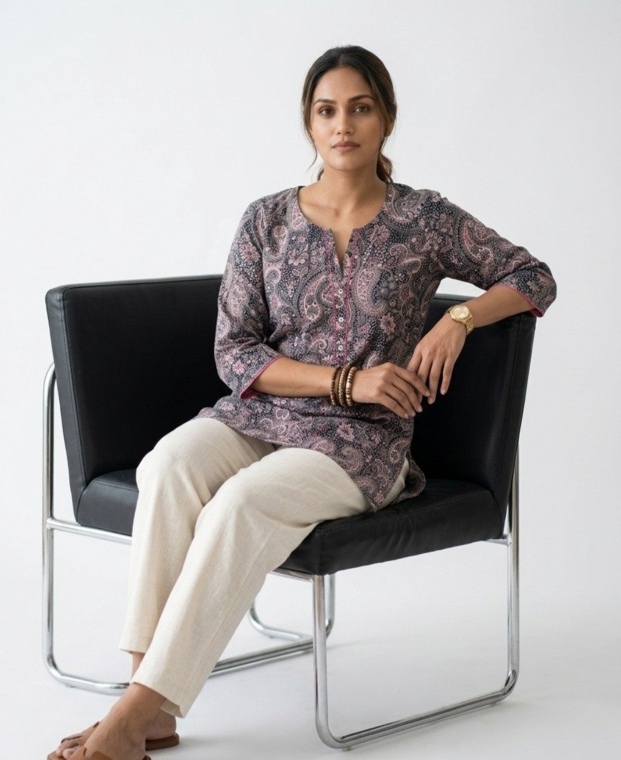 Women's Navy and Pink Paisley Printed Cotton Tunic Top - Image 4