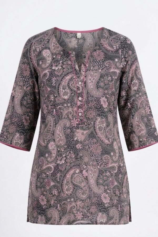 Women's Navy and Pink Paisley Printed Cotton Tunic Top