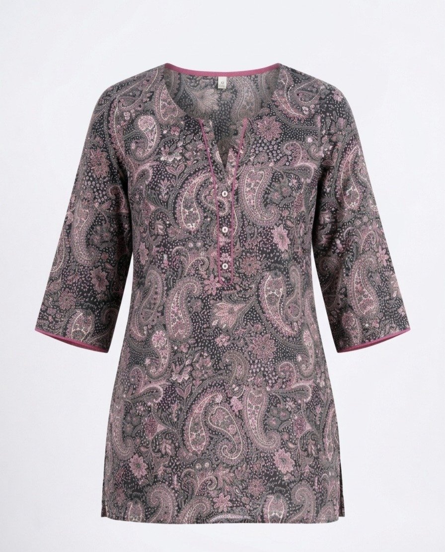 Women's Navy and Pink Paisley Printed Cotton Tunic Top - Image 2