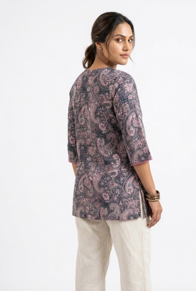 Women's Navy and Pink Paisley Printed Cotton Tunic Top - Image 5