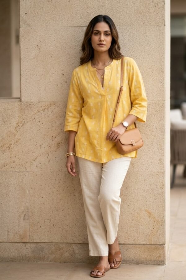 Women's Yellow Floral Block-Print Cotton Tunic Top