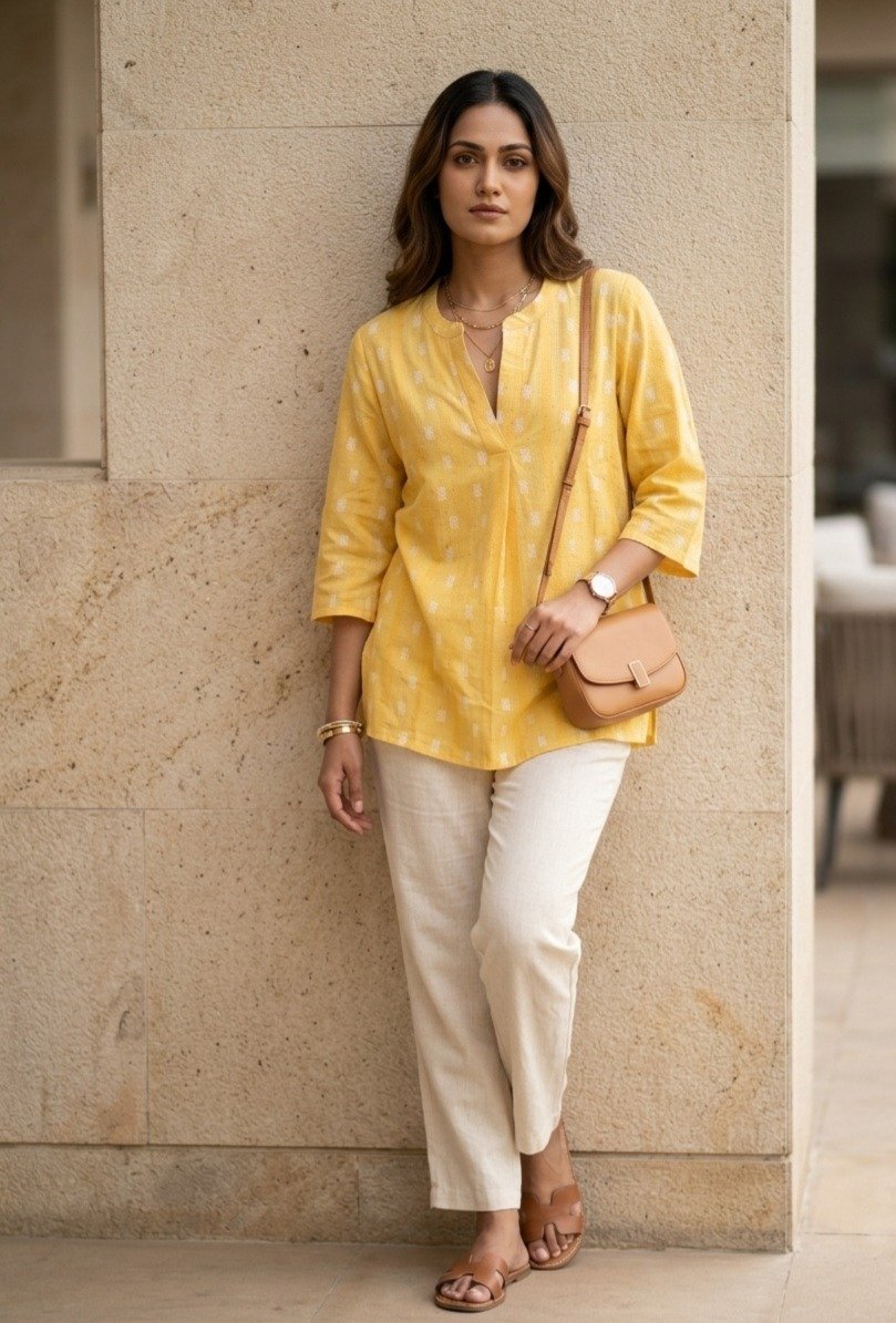 Women's Yellow Floral Block-Print Cotton Tunic Top