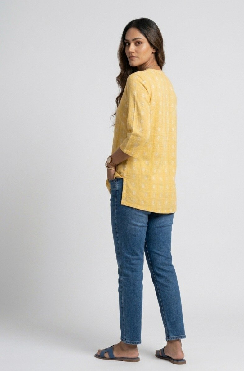 Women's Yellow Floral Block-Print Cotton Tunic Top - Image 4