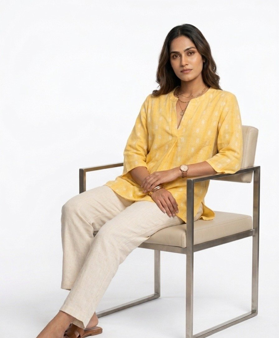 Women's Yellow Floral Block-Print Cotton Tunic Top - Image 5