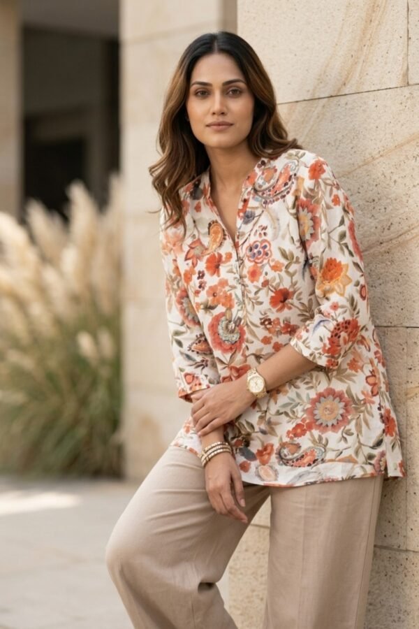 Women's Floral Printed Cotton Tunic with Mandarin Collar