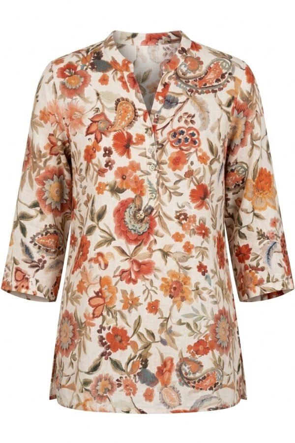 Women's Floral Printed Cotton Tunic with Mandarin Collar