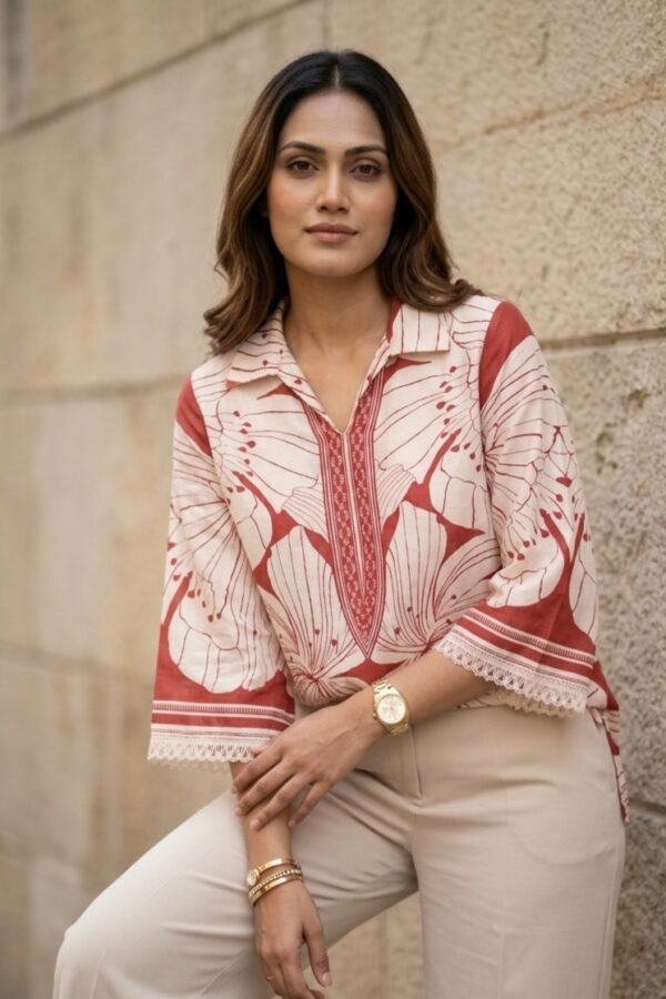 BIBA Women's Floral Print Cotton Tunic with Mandarin Collar