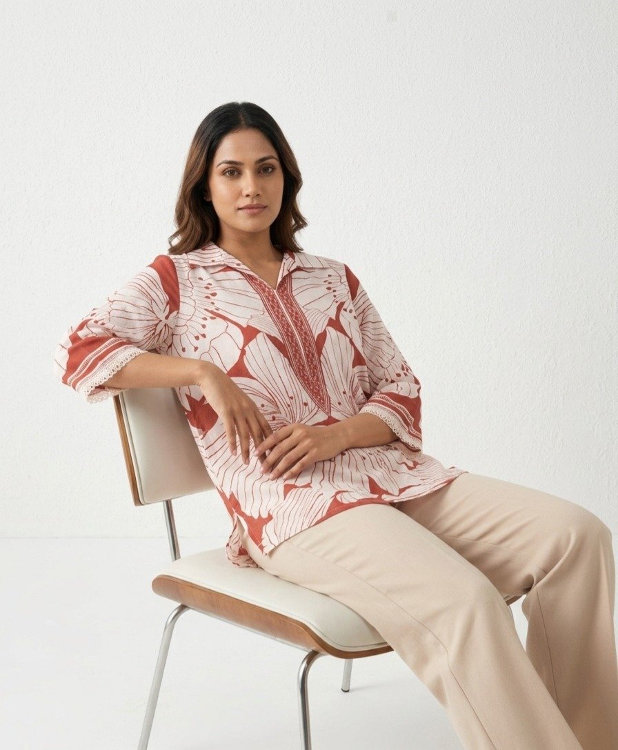 BIBA Women's Floral Print Cotton Tunic with Mandarin Collar - Image 4
