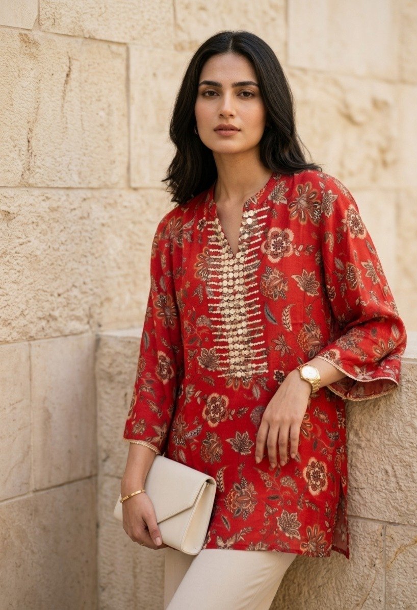 Women's Red Floral Printed Tunic with Mirror Work Embroidery