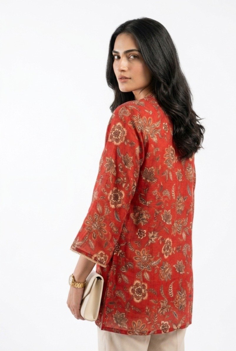 Women's Red Floral Printed Tunic with Mirror Work Embroidery - Image 3