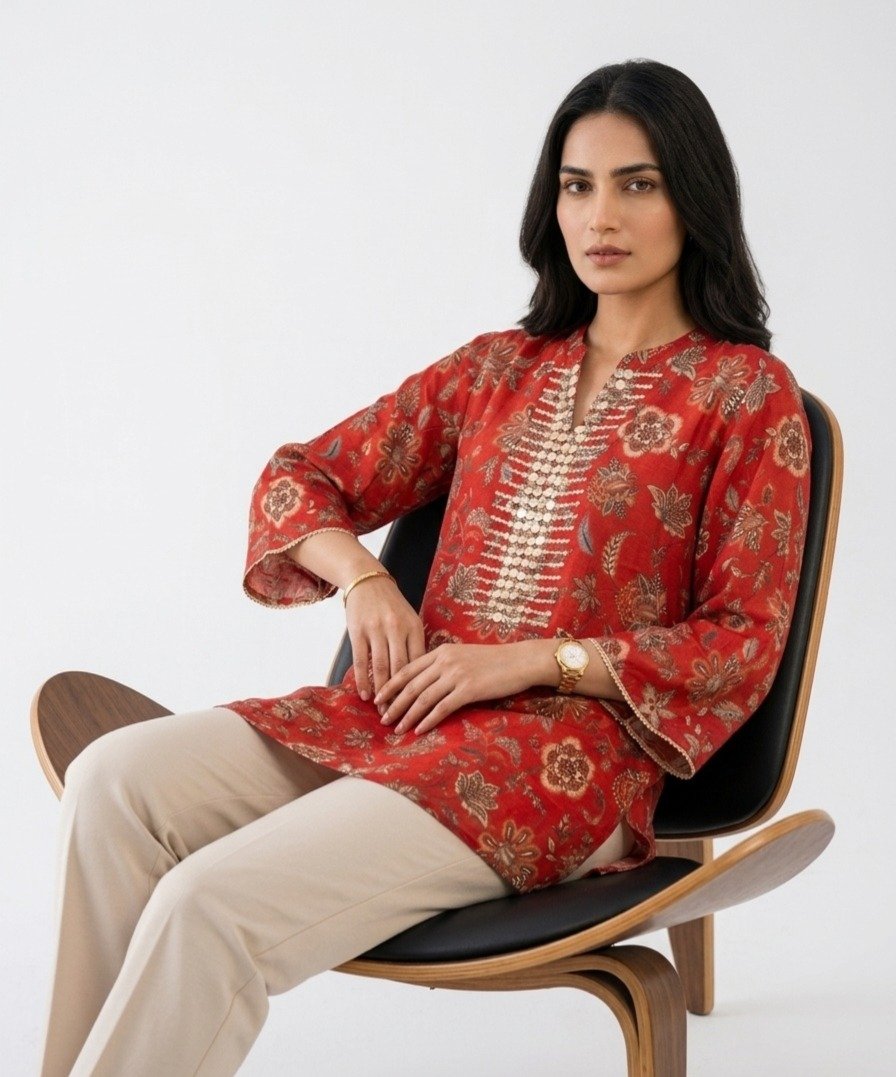 Women's Red Floral Printed Tunic with Mirror Work Embroidery - Image 4