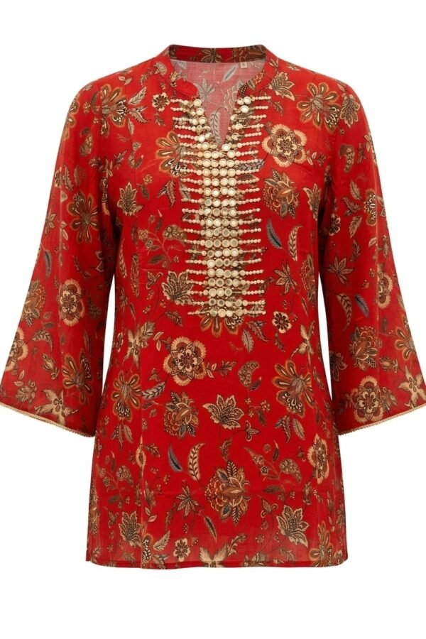 Women's Red Floral Printed Tunic with Mirror Work Embroidery
