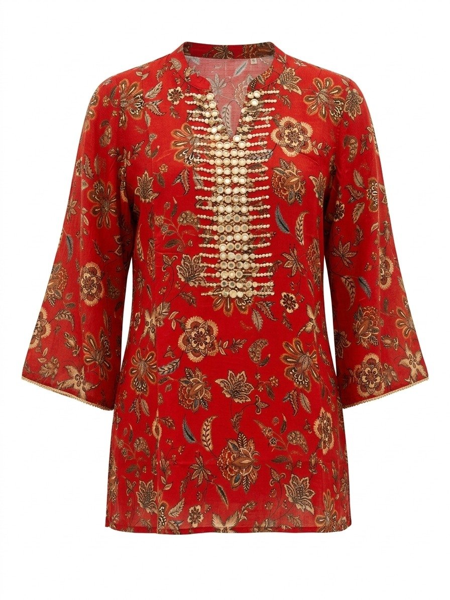 Women's Red Floral Printed Tunic with Mirror Work Embroidery - Image 2