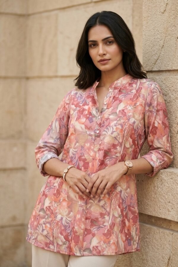 Women's Pink and Coral Floral Printed Tunic with Mandarin Collar