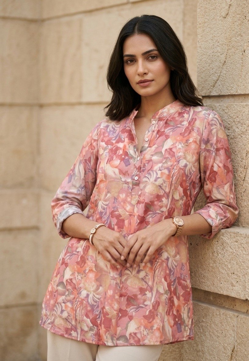 Women's Pink and Coral Floral Printed Tunic with Mandarin Collar