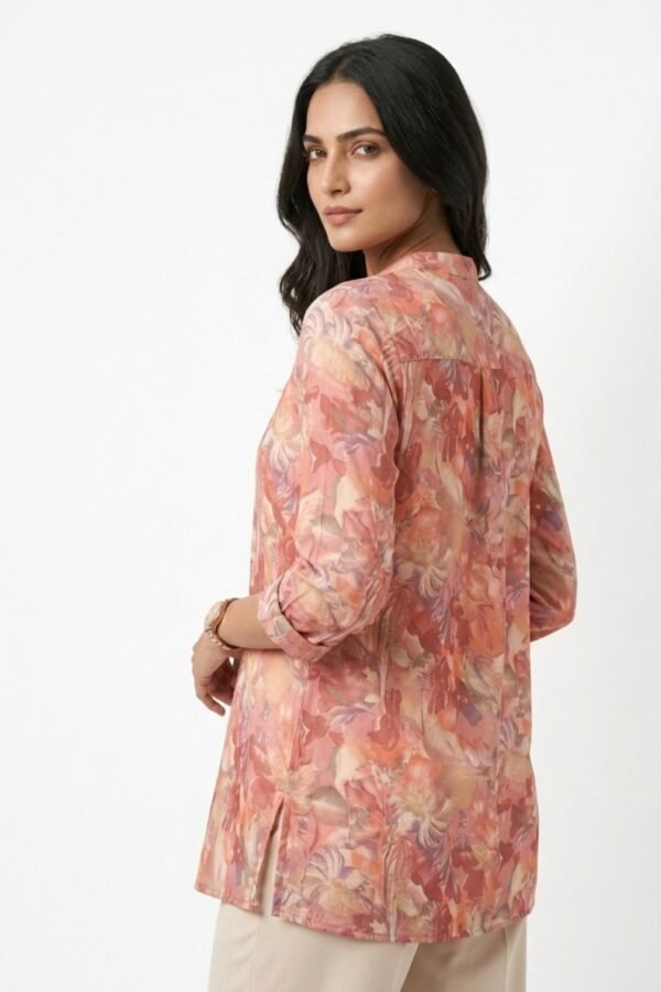 Women's Pink and Coral Floral Printed Tunic with Mandarin Collar