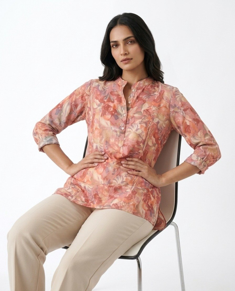 Women's Pink and Coral Floral Printed Tunic with Mandarin Collar - Image 3