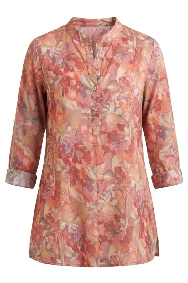 Women's Pink and Coral Floral Printed Tunic with Mandarin Collar