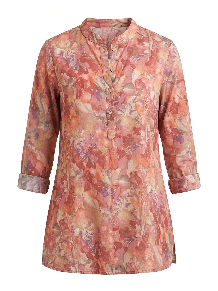 Women's Pink and Coral Floral Printed Tunic with Mandarin Collar - Image 4