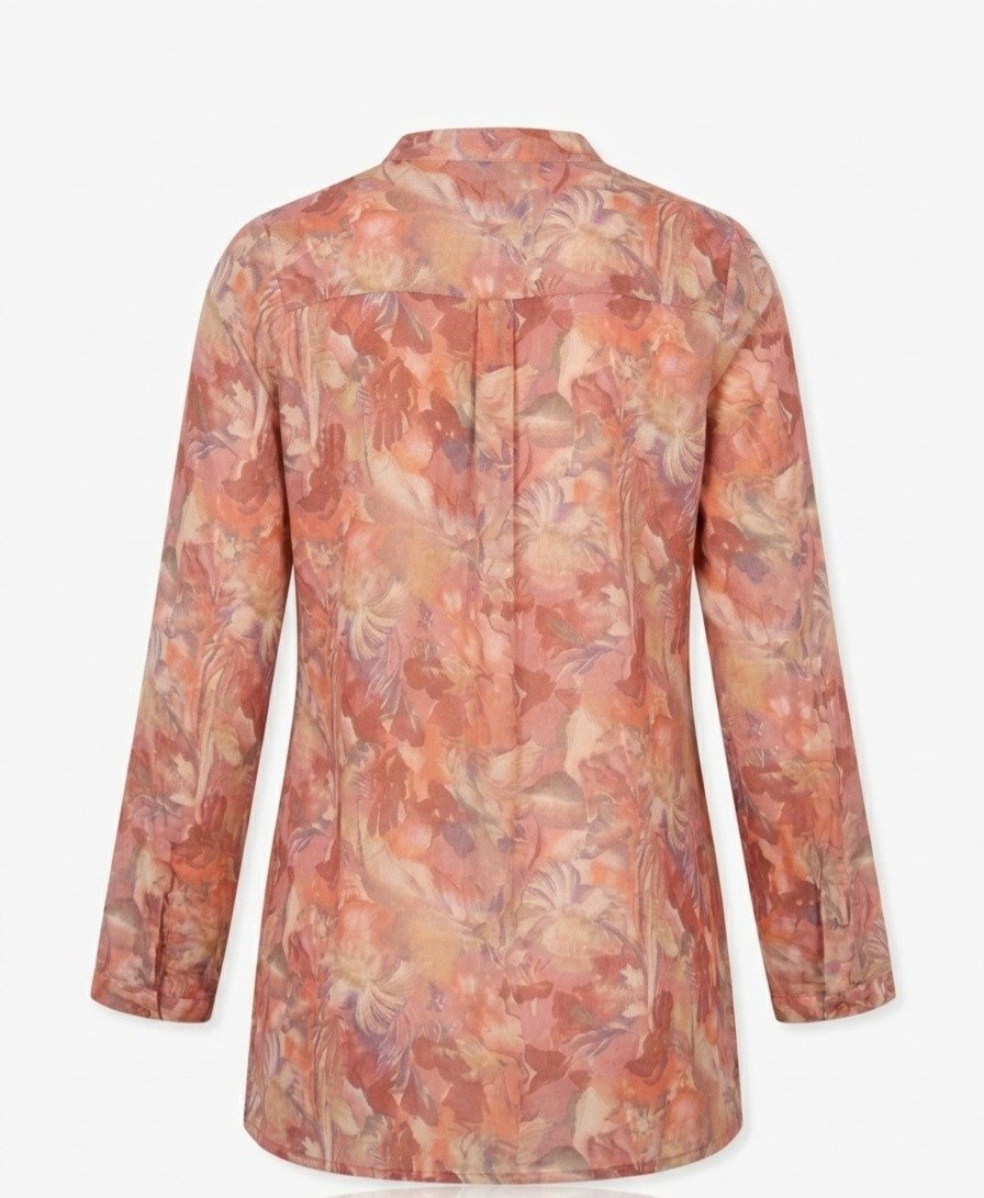 Women's Pink and Coral Floral Printed Tunic with Mandarin Collar - Image 5