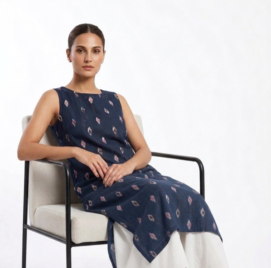Navy Blue Ikat Print Kurti - Image 4